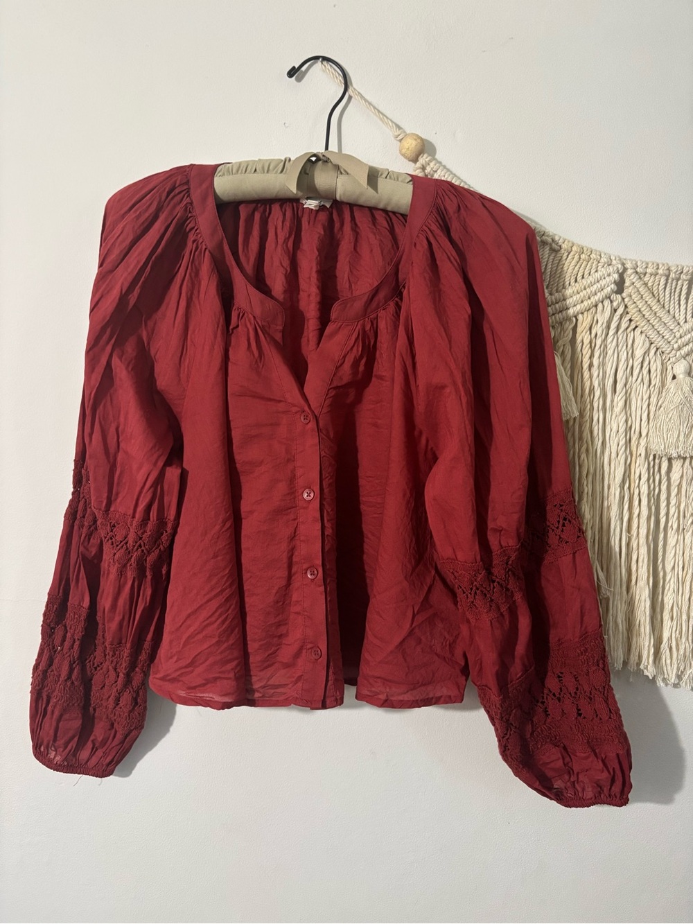 aerie Deep Red Button-Front Peasant Blouse -100% Cotton